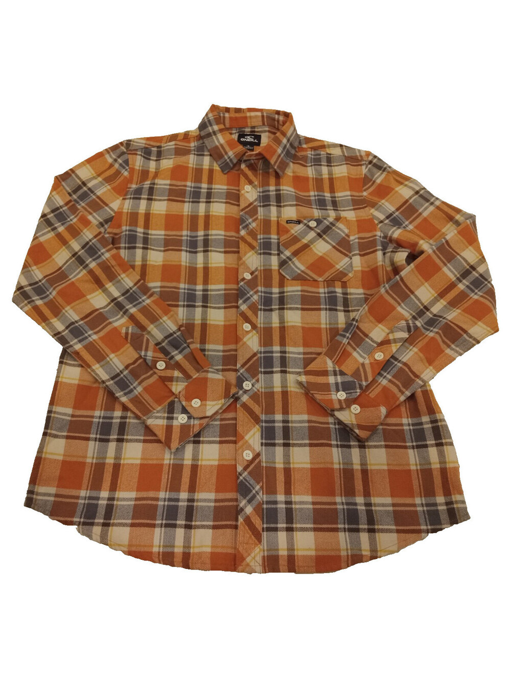 O'Neill Winslow Flannel Shirt Mens Medium Orange Cream Charcoal Plaid Pocket M